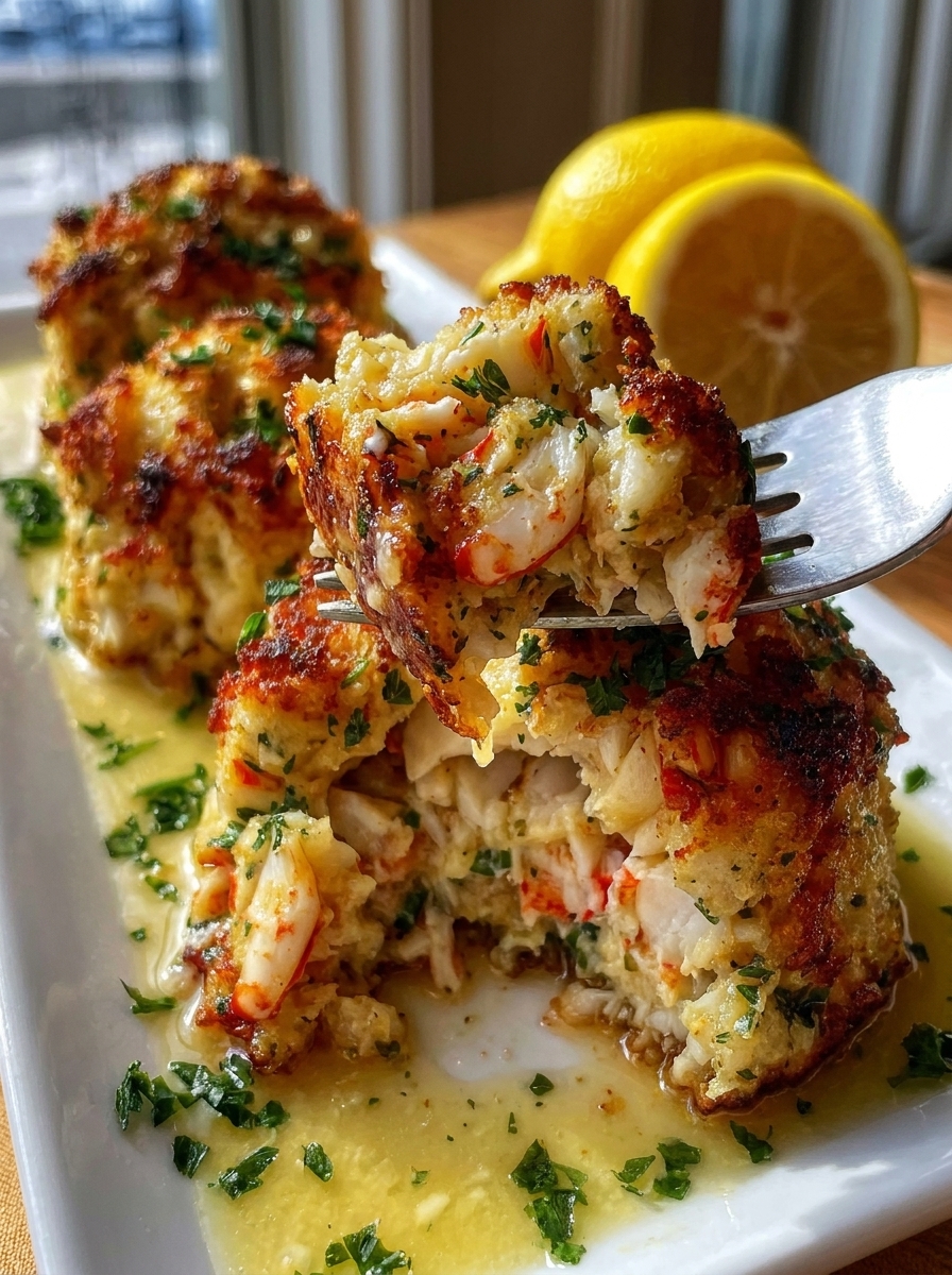 A plate of baked lobster stuffed seafood cakes.