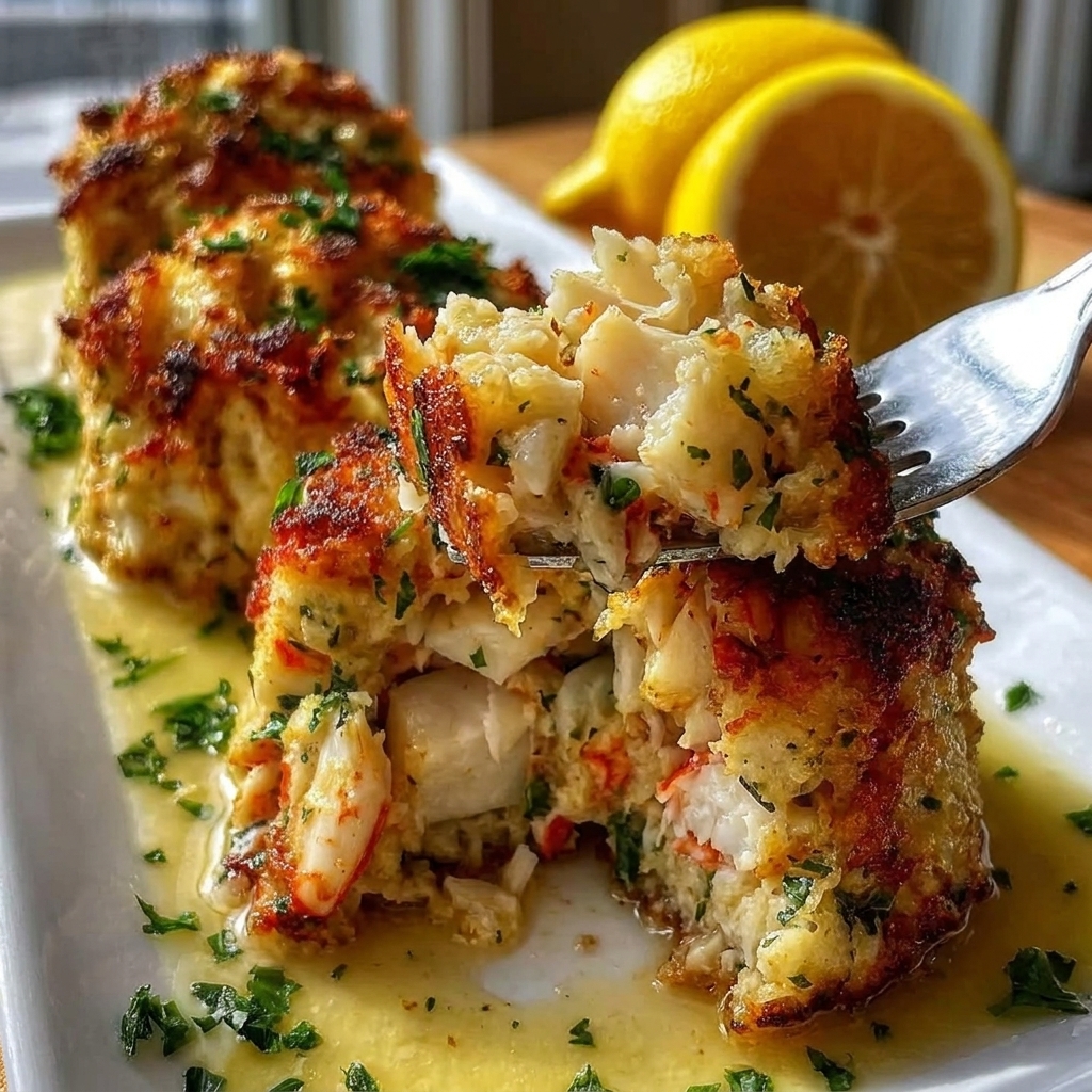 A plate of baked lobster stuffed seafood cakes.