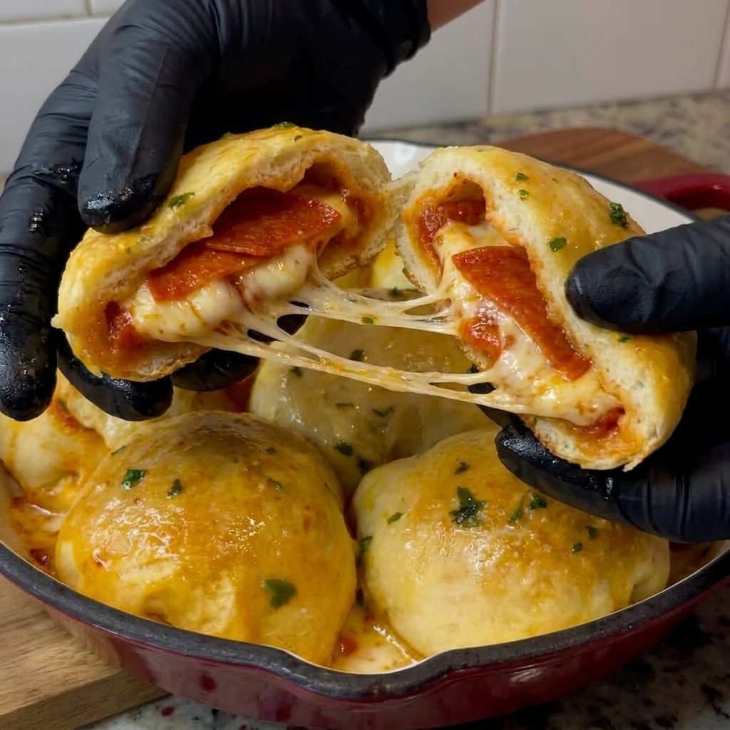 A person is holding a pepperoni pizza bomb.