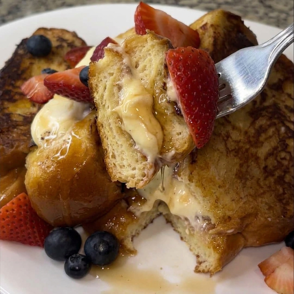 French toast with strawberries and blueberries.