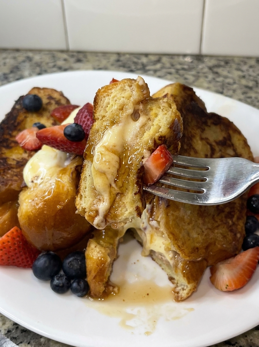 A plate of French toast with strawberries and blueberries.