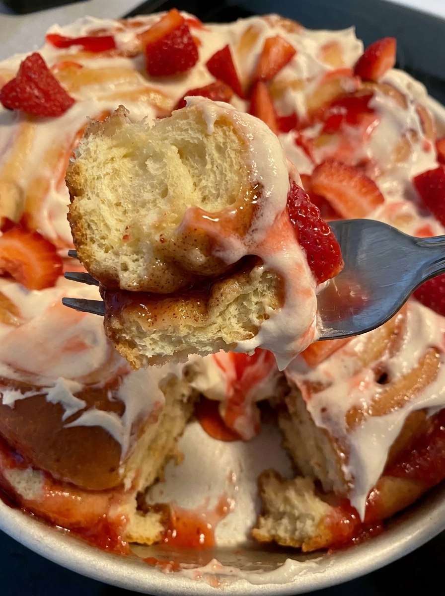 A fork is being used to eat a piece of a cinnamon roll.