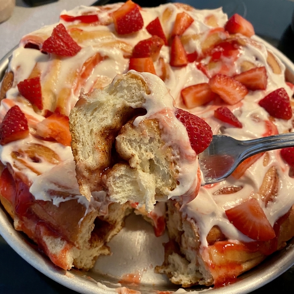 A slice of strawberry cream cheese cinnamon rolls.