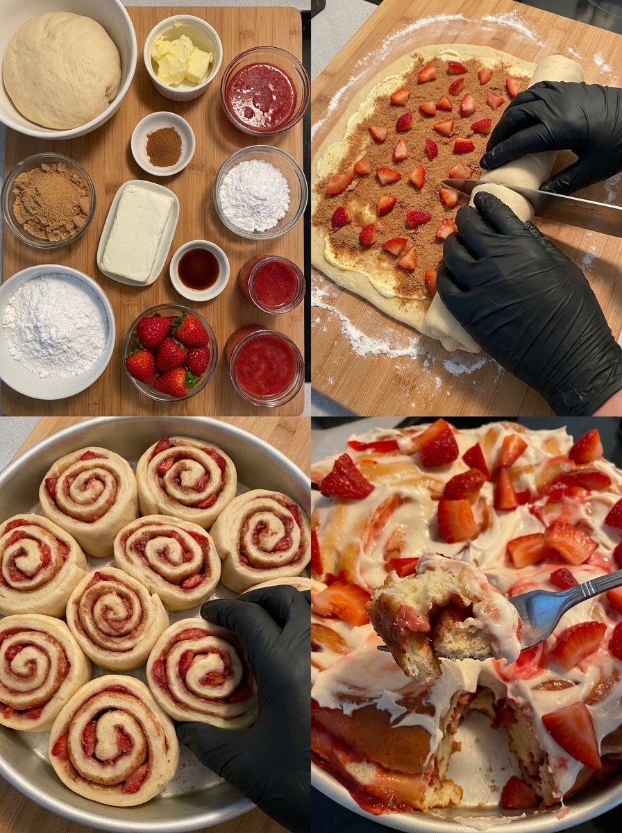A person is making strawberry cream cheese cinnamon rolls.