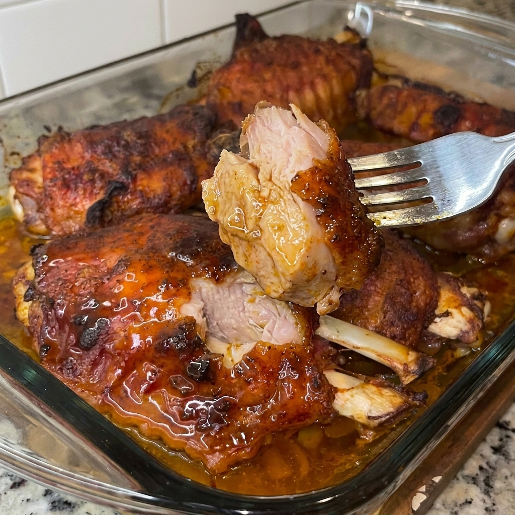 A fork is stuck in a dish of Cajun baked turkey wings.