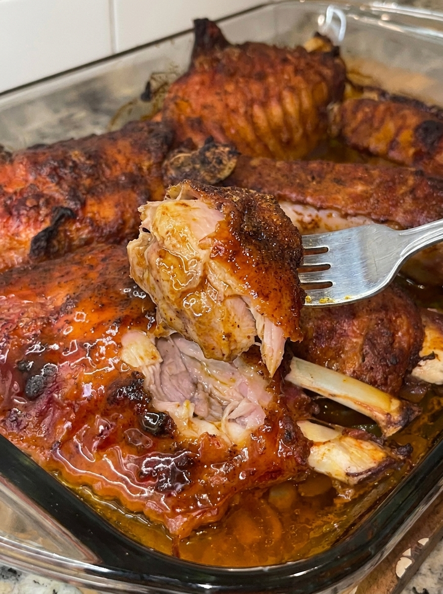 A fork is stuck in a piece of meat.