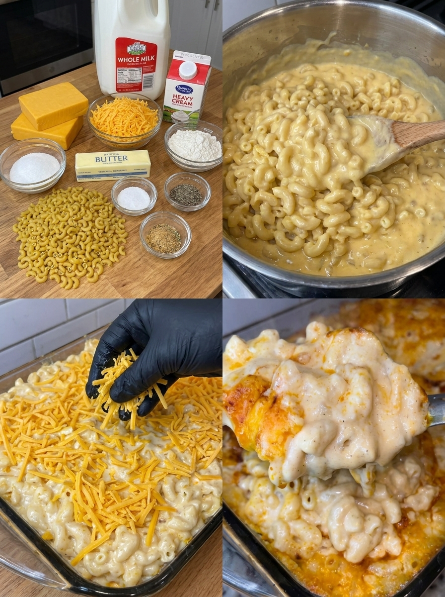 A person is adding cheese to a baked mac & cheese dish.
