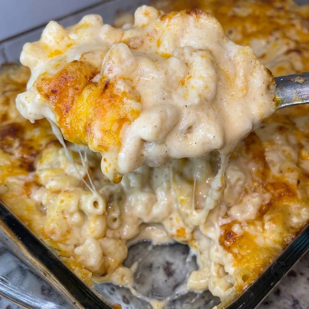 A close up of a baked mac and cheese dish.