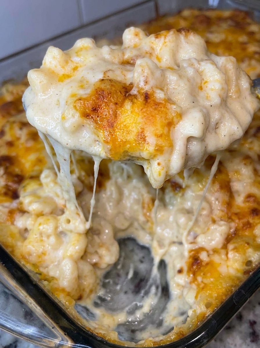 A close up of a baked mac and cheese dish.