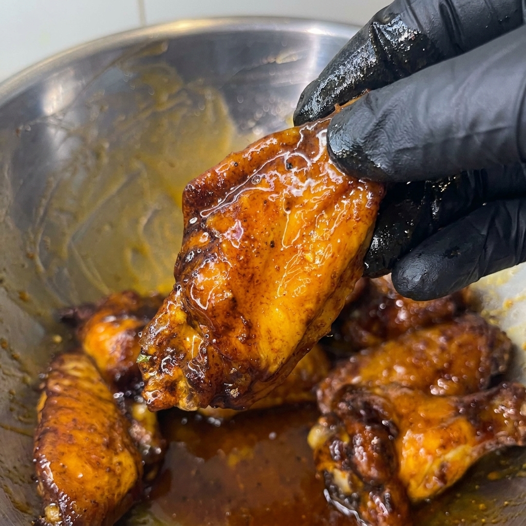 A person is holding a piece of food in a bowl.