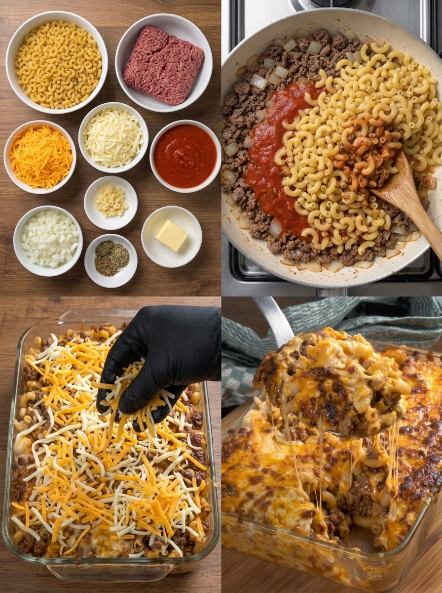 A close up of a hand adding cheese to a macaroni and beef dish.