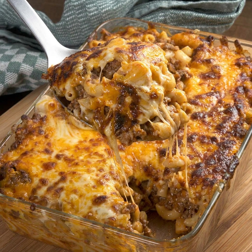 A glass dish filled with macaroni and beef.
