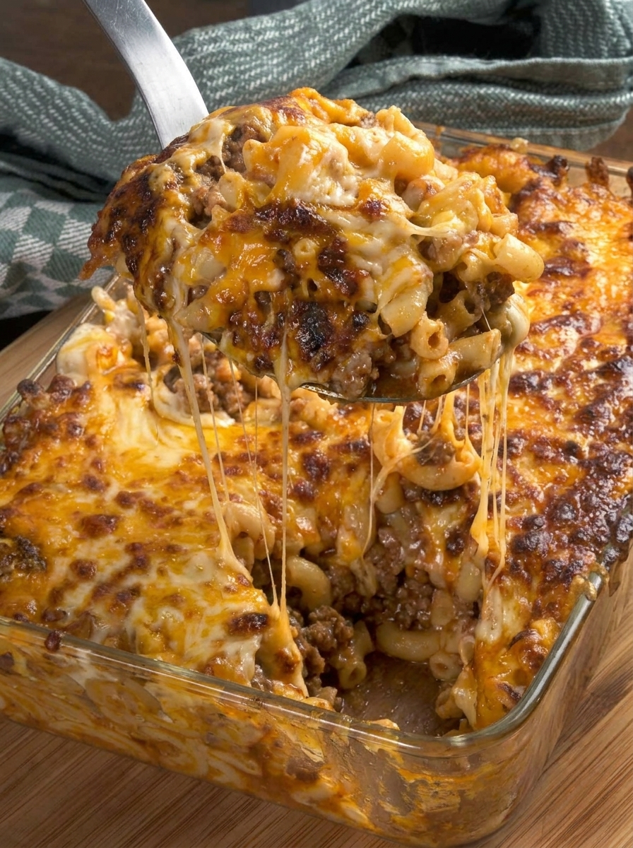 A close up of a macaroni and beef casserole.