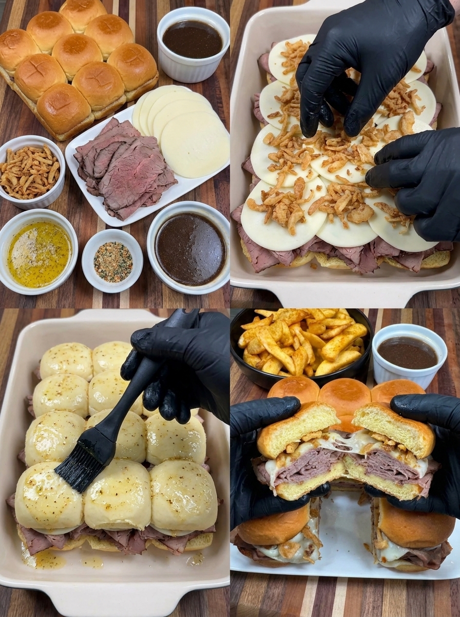 A person is holding a French dip slider.