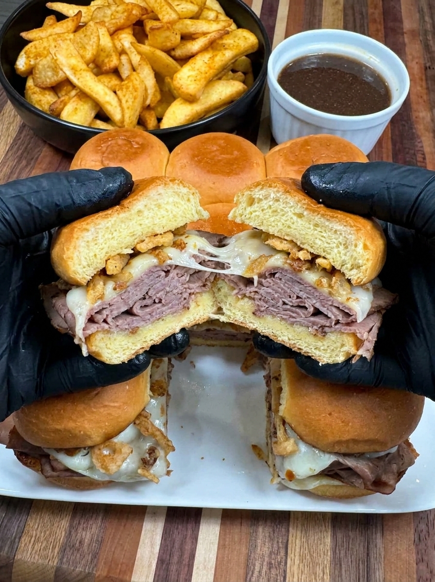 A person is holding a French dip slider.