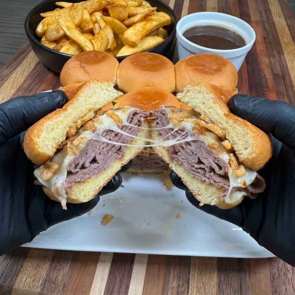 A person is holding a French dip slider.