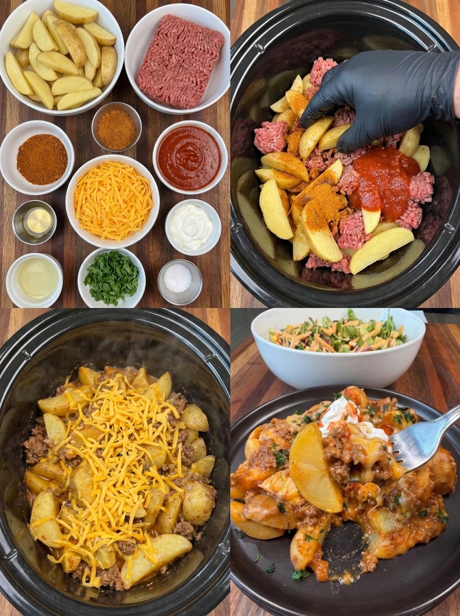 A variety of foods in a crockpot, including taco potatoes.