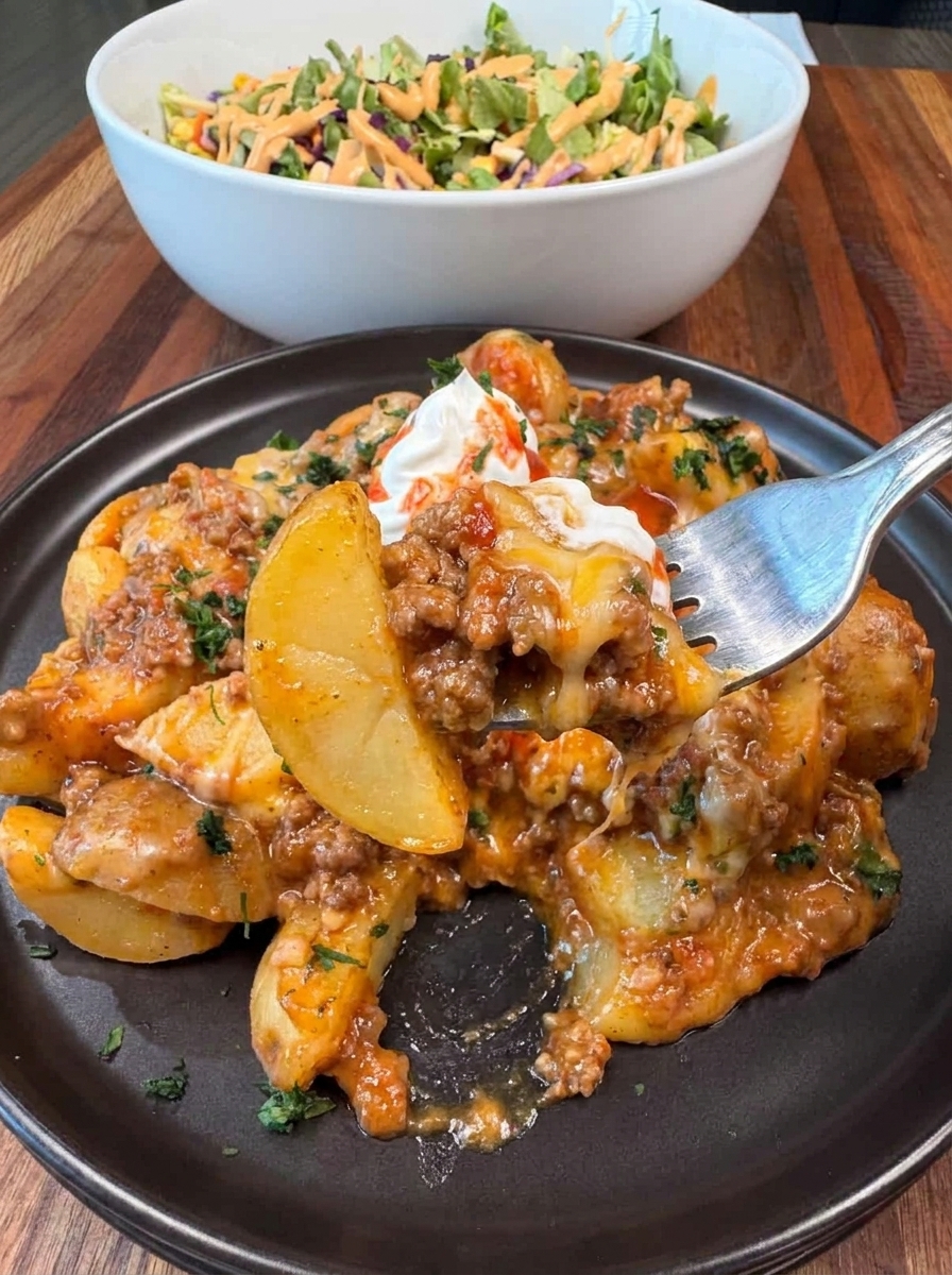 A plate of crockpot taco potatoes.