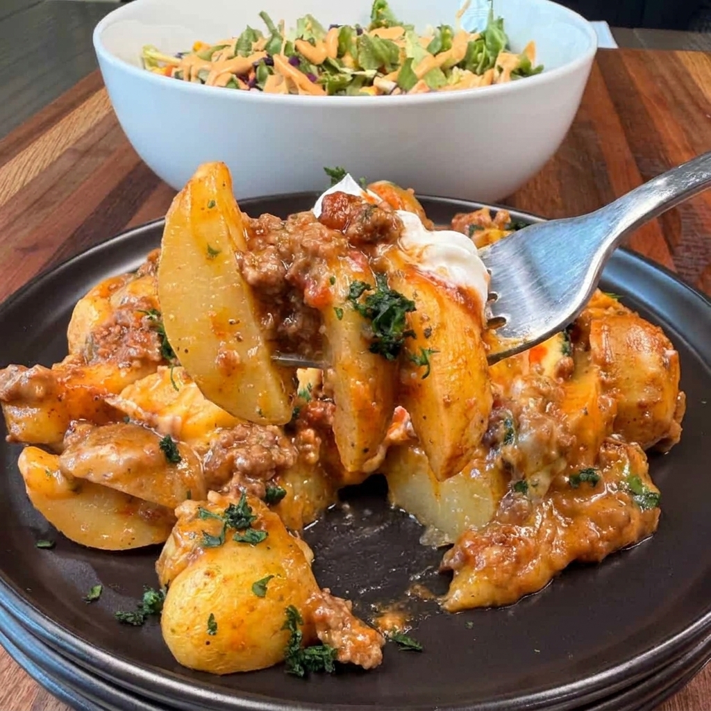 A plate of food with a fork on it.