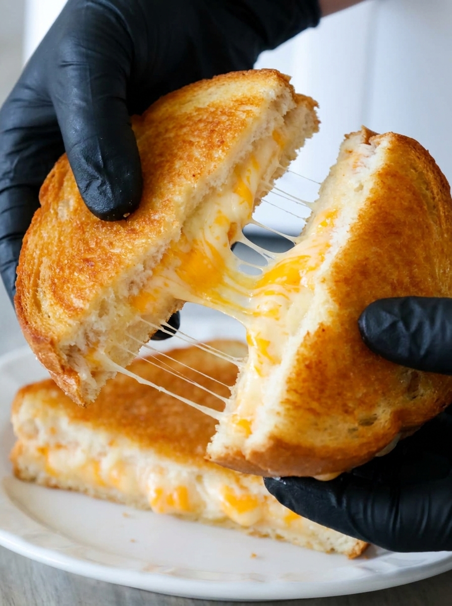 A hand holding a piece of grilled cheese.