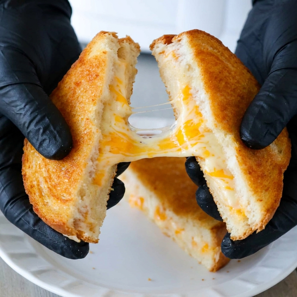 A hand holding a piece of grilled cheese.