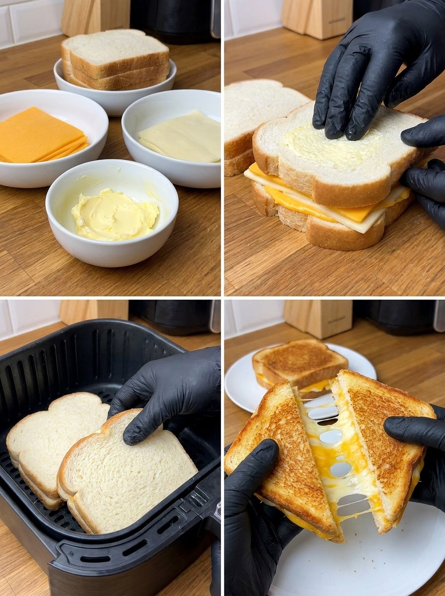 A person is making grilled cheese sandwiches in an air fryer.