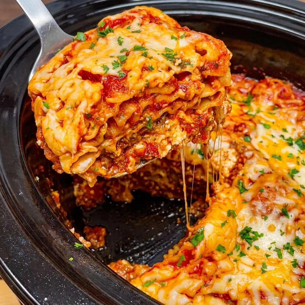 A close up of a crock pot lasagna.