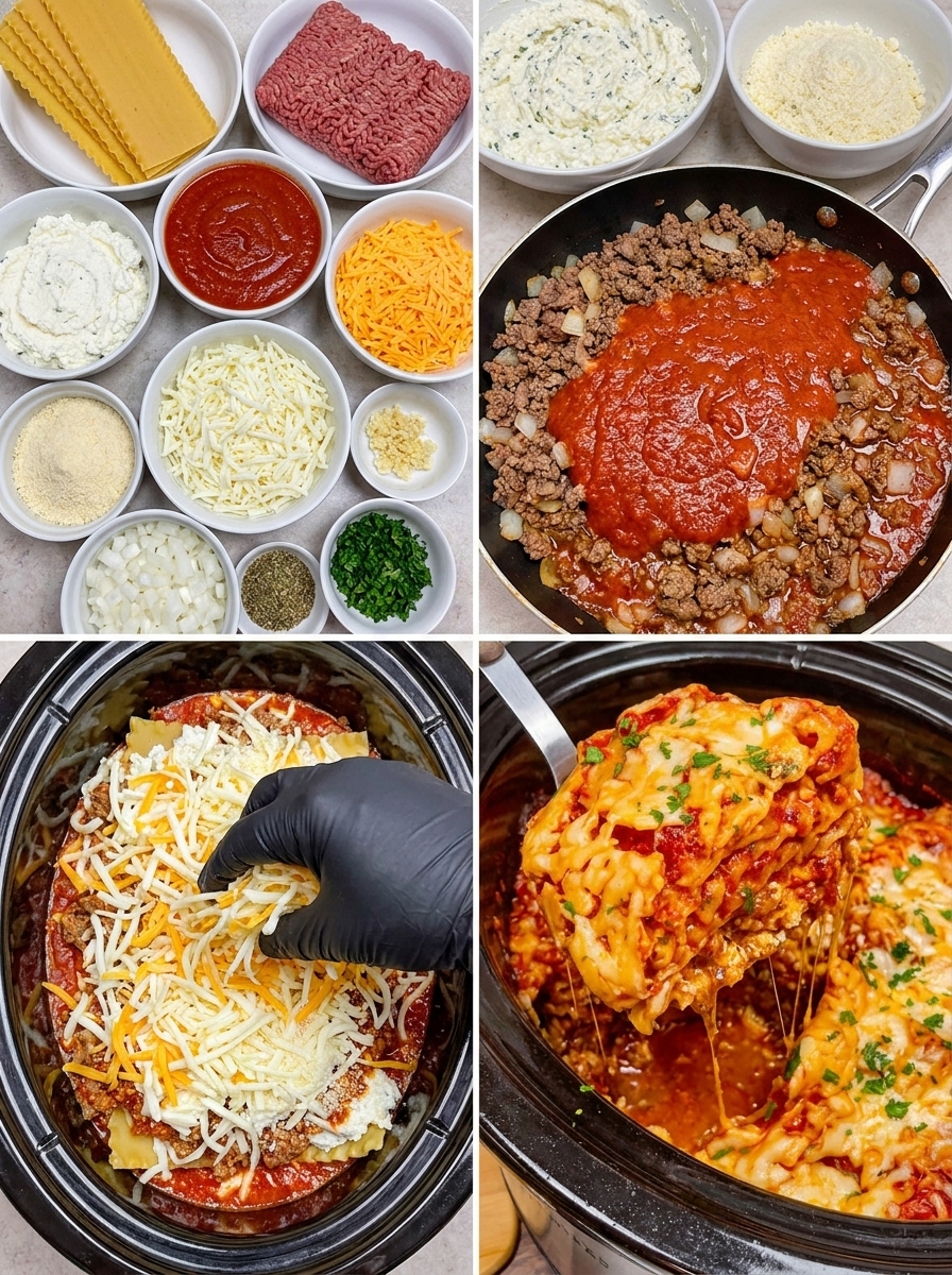 A person is putting cheese on a crock pot lasagna.