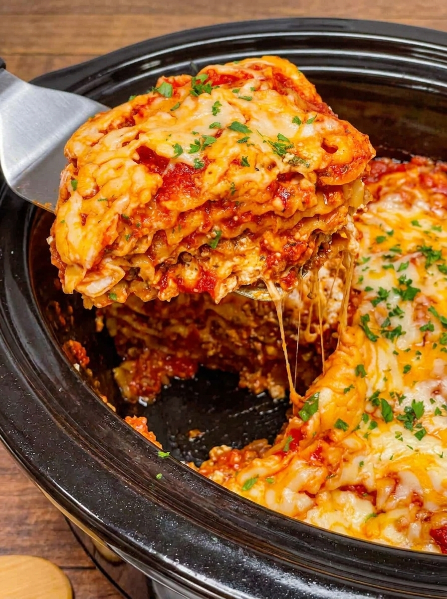 A close up of a crock pot lasagna.