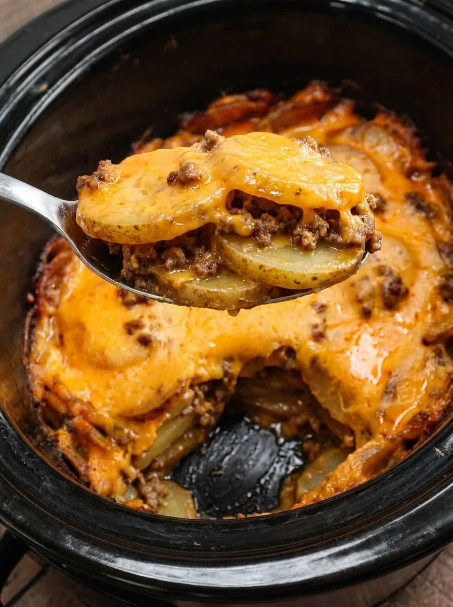 A spoon is in a crock pot with a hamburger potato casserole.