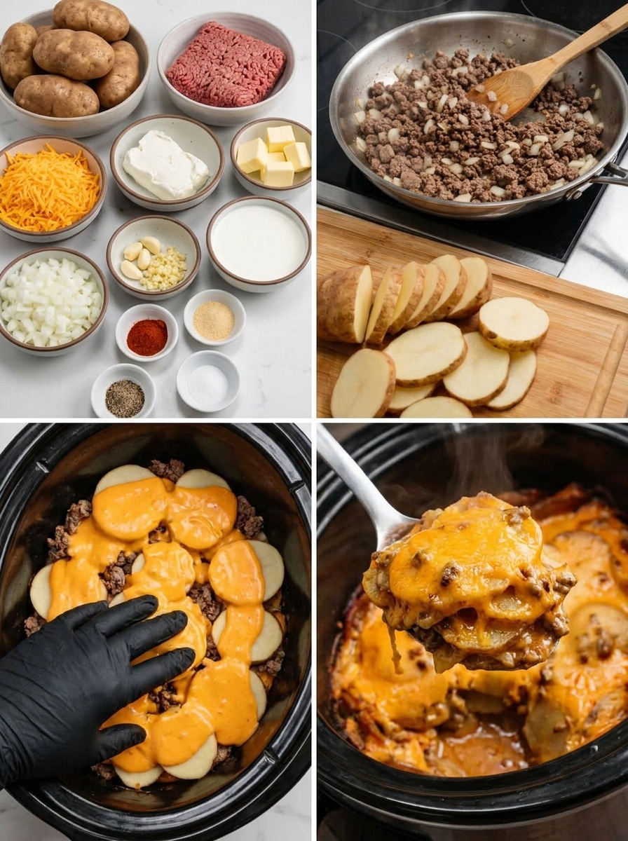 A close up of a crock pot with a hamburger potato casserole.