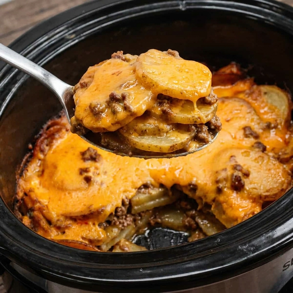 A spoon is in a crock pot filled with a hamburger potato casserole.