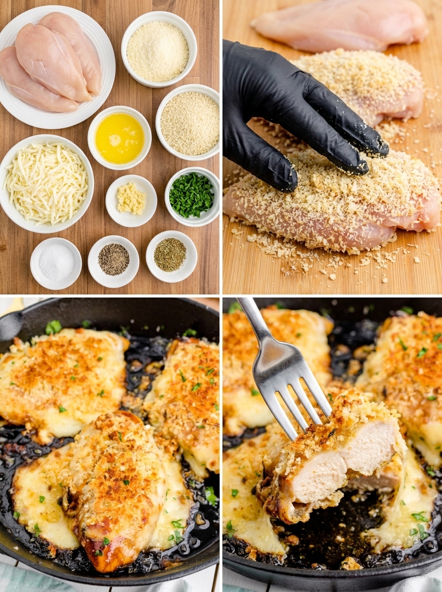 A person is preparing a meal of Parmesan crusted chicken.