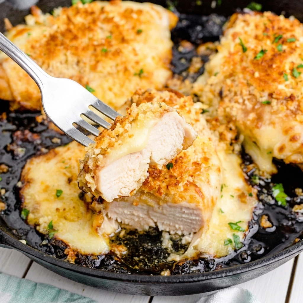 A fork is stuck in a piece of Parmesan crusted chicken.