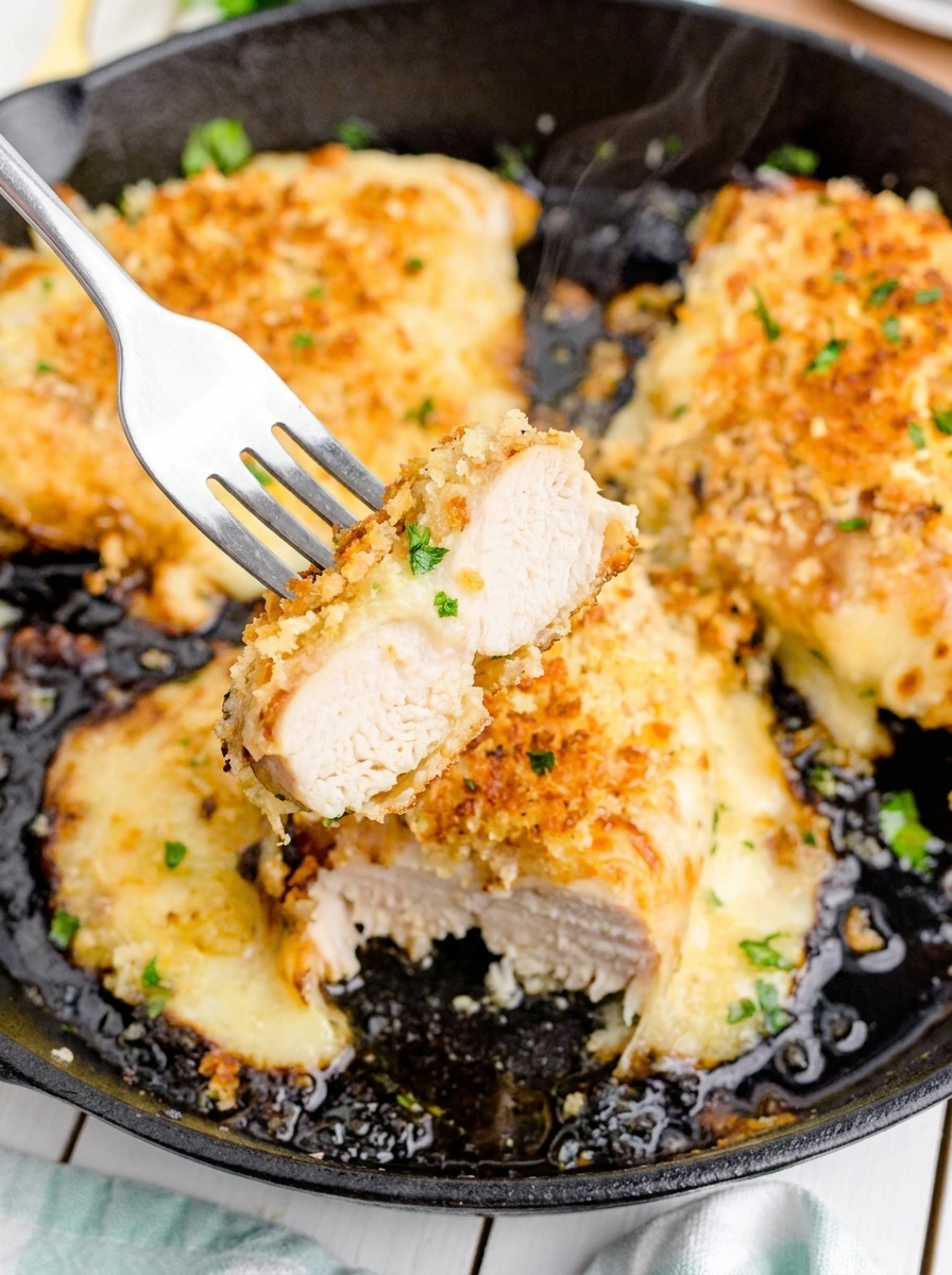 A fork is being used to pick up a piece of Parmesan crusted chicken.