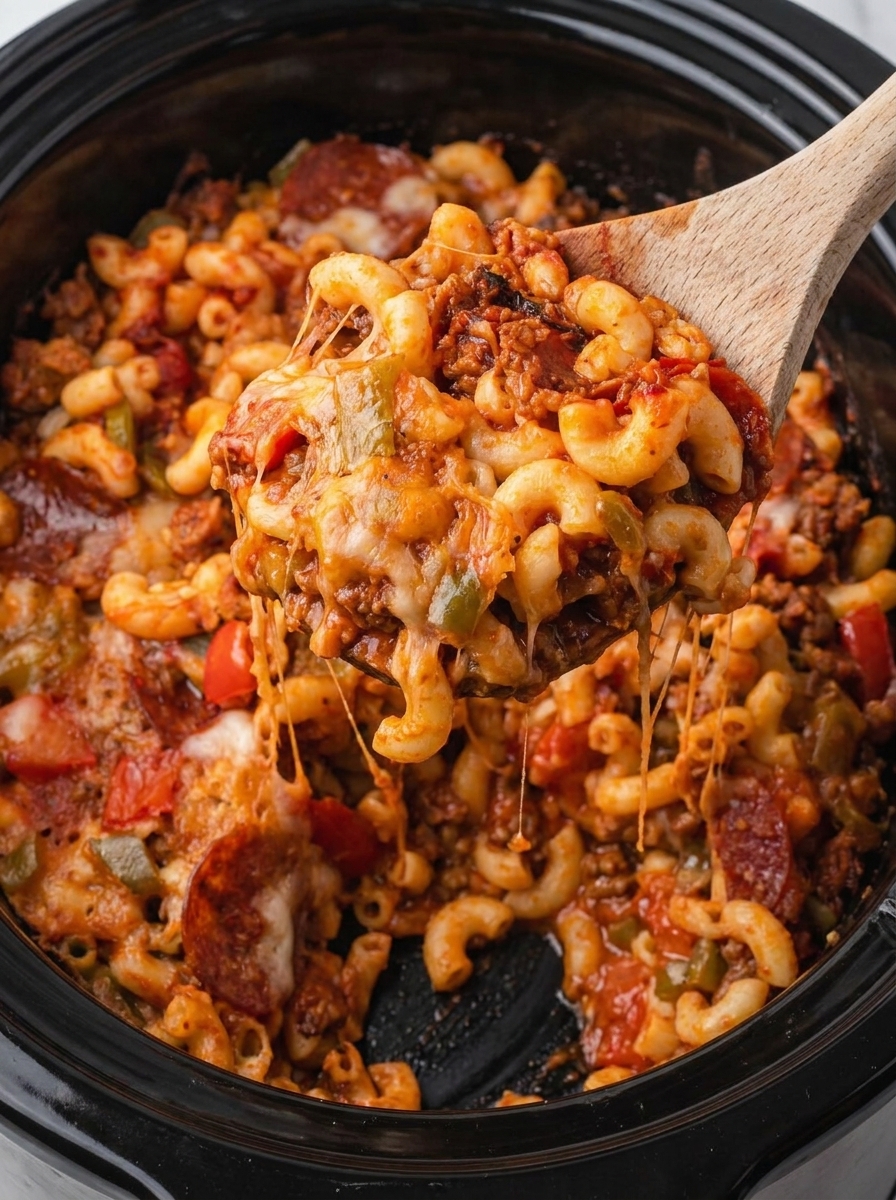 A spoon is being used to serve a delicious slow cooker pizza casserole.