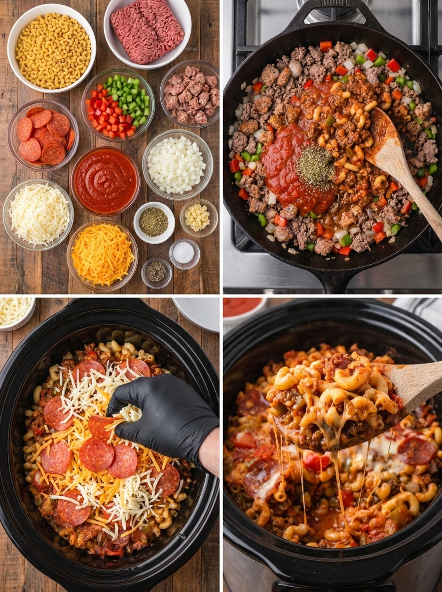 A person is adding cheese to a slow cooker pizza casserole.