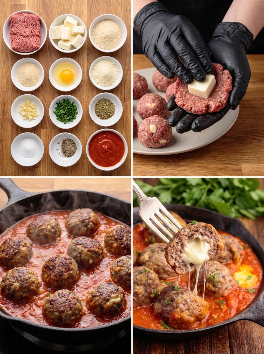 A collage of images showing the process of making mozzarella stuffed meatballs.