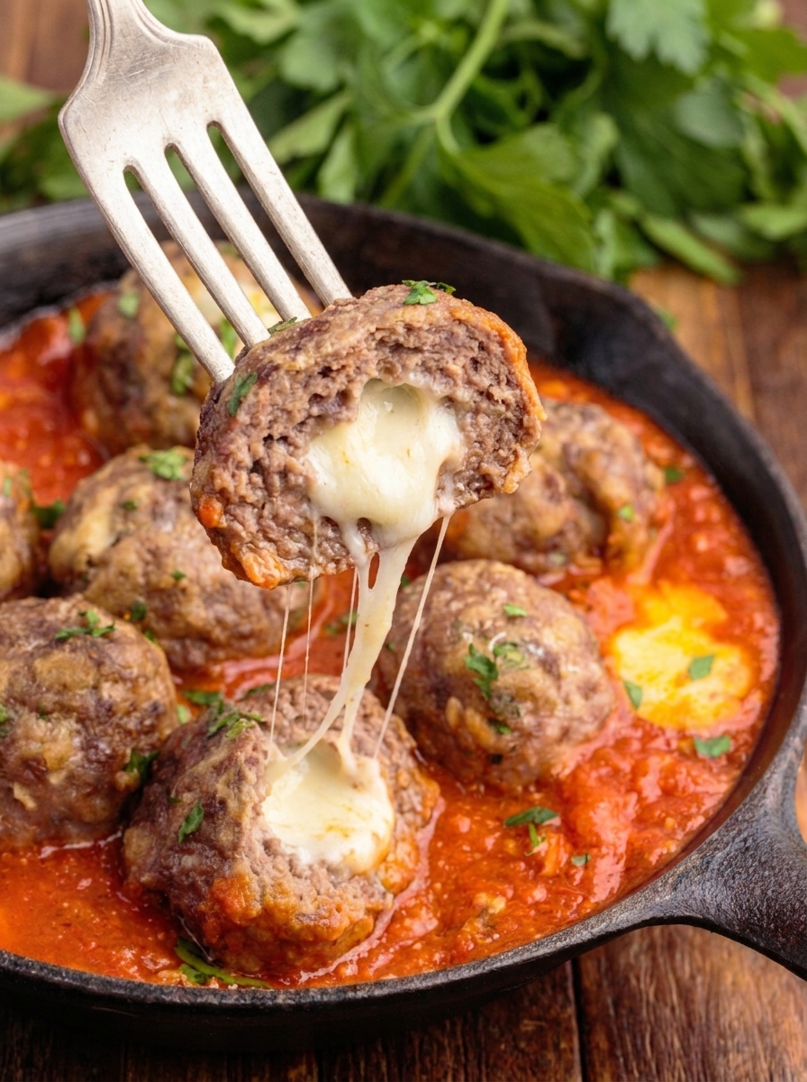 Mozzarella stuffed meatballs in a red sauce.