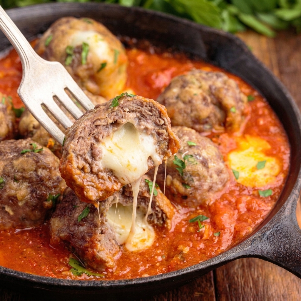 A fork is stuck in a bowl of meatballs.