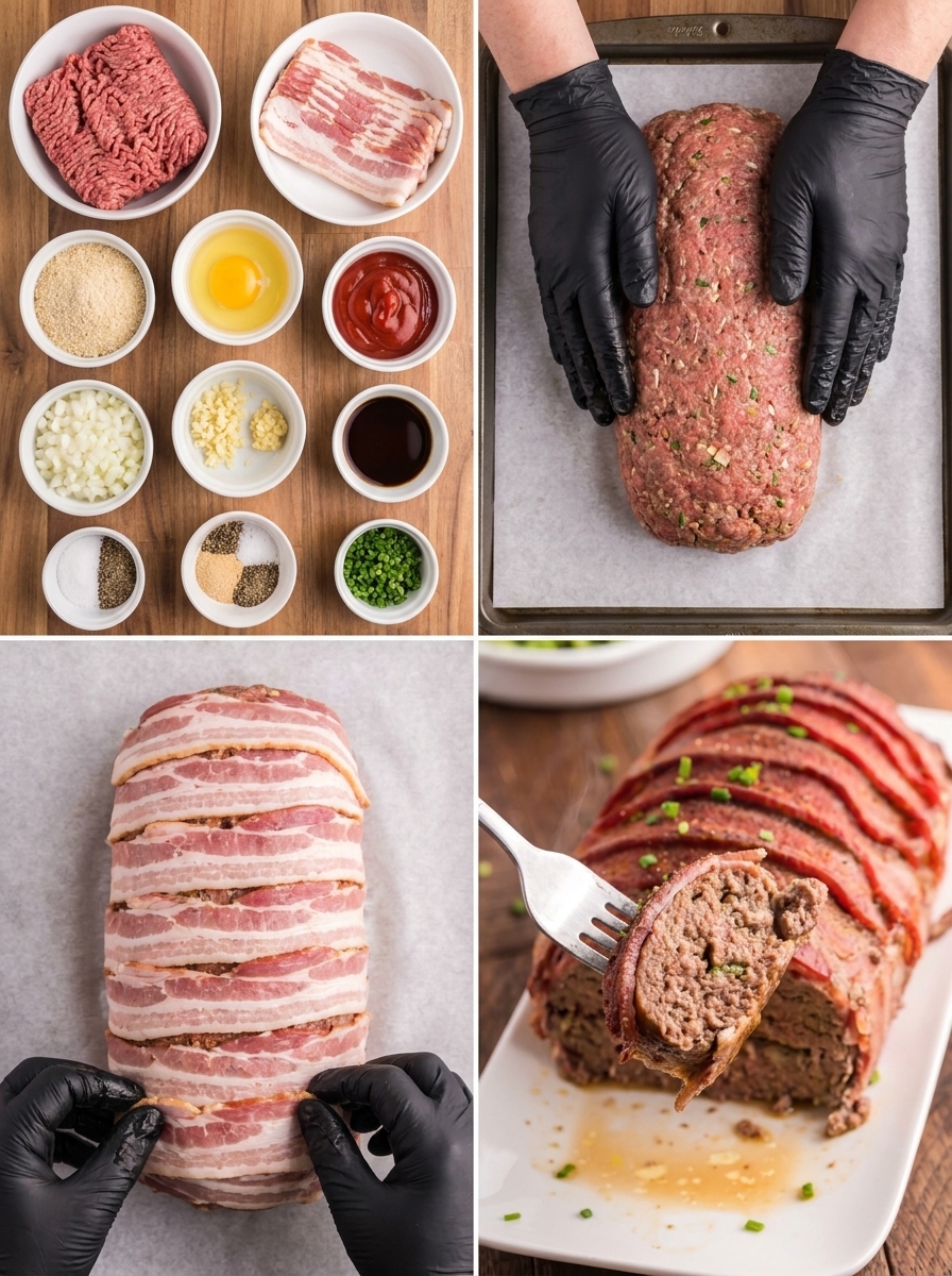 A close up of a bacon wrapped meatloaf.