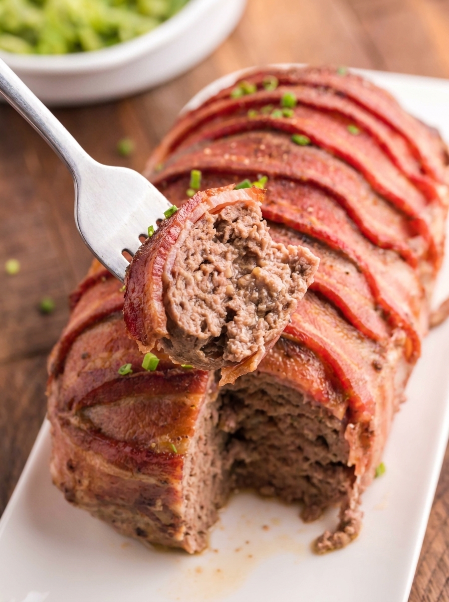 A slice of bacon wrapped meatloaf.