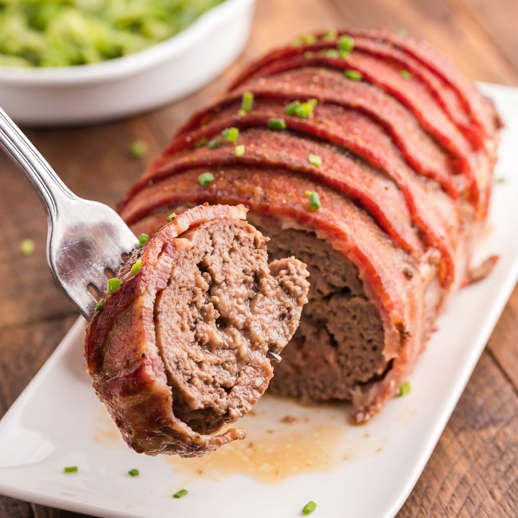 A slice of bacon wrapped meatloaf.