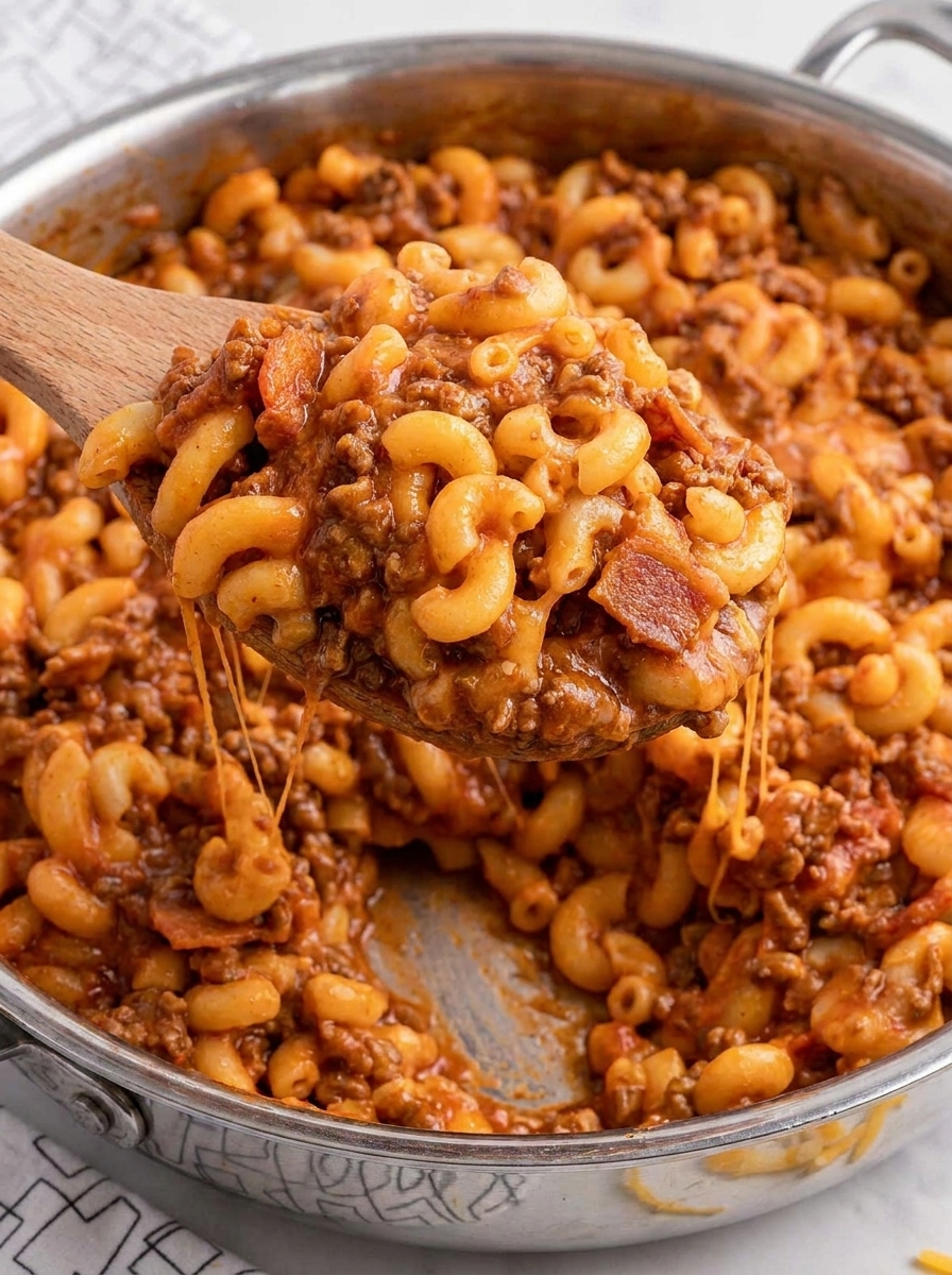 A spoonful of bacon cheeseburger pasta.
