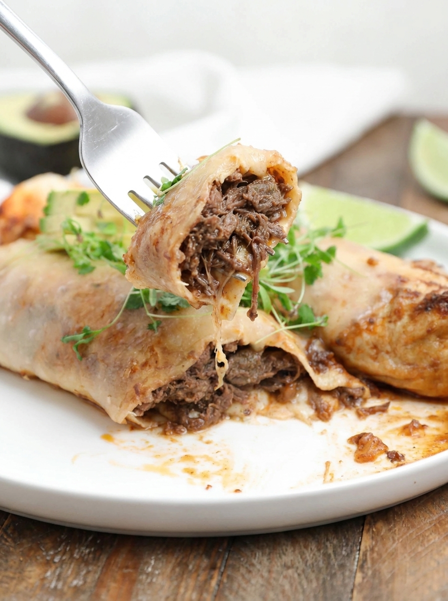 A fork is being used to eat a beef barbacoa enchilada.