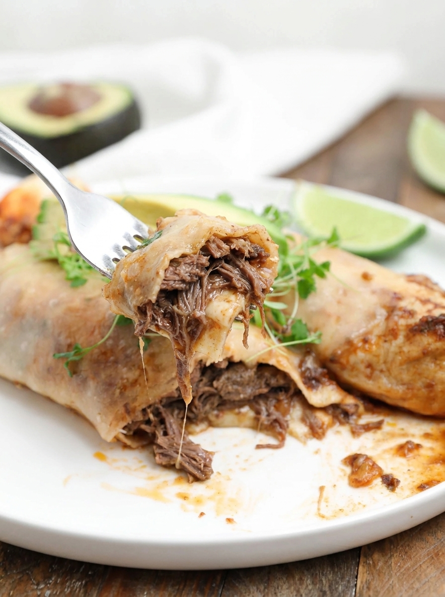 A fork is being used to eat a beef barbacoa enchilada.