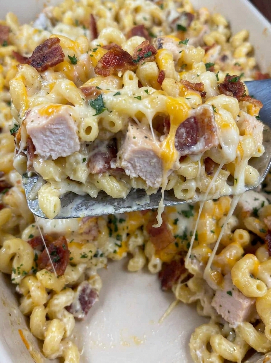 A close up of a chicken bacon ranch pasta bake.