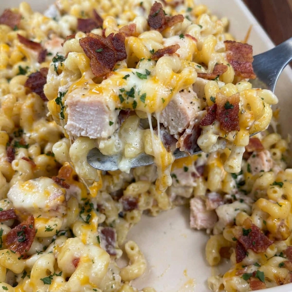 A close up of a chicken bacon ranch pasta bake.