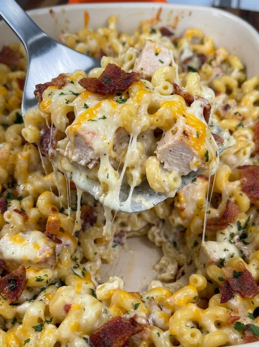 A fork is being used to pick up a piece of chicken bacon ranch pasta bake.