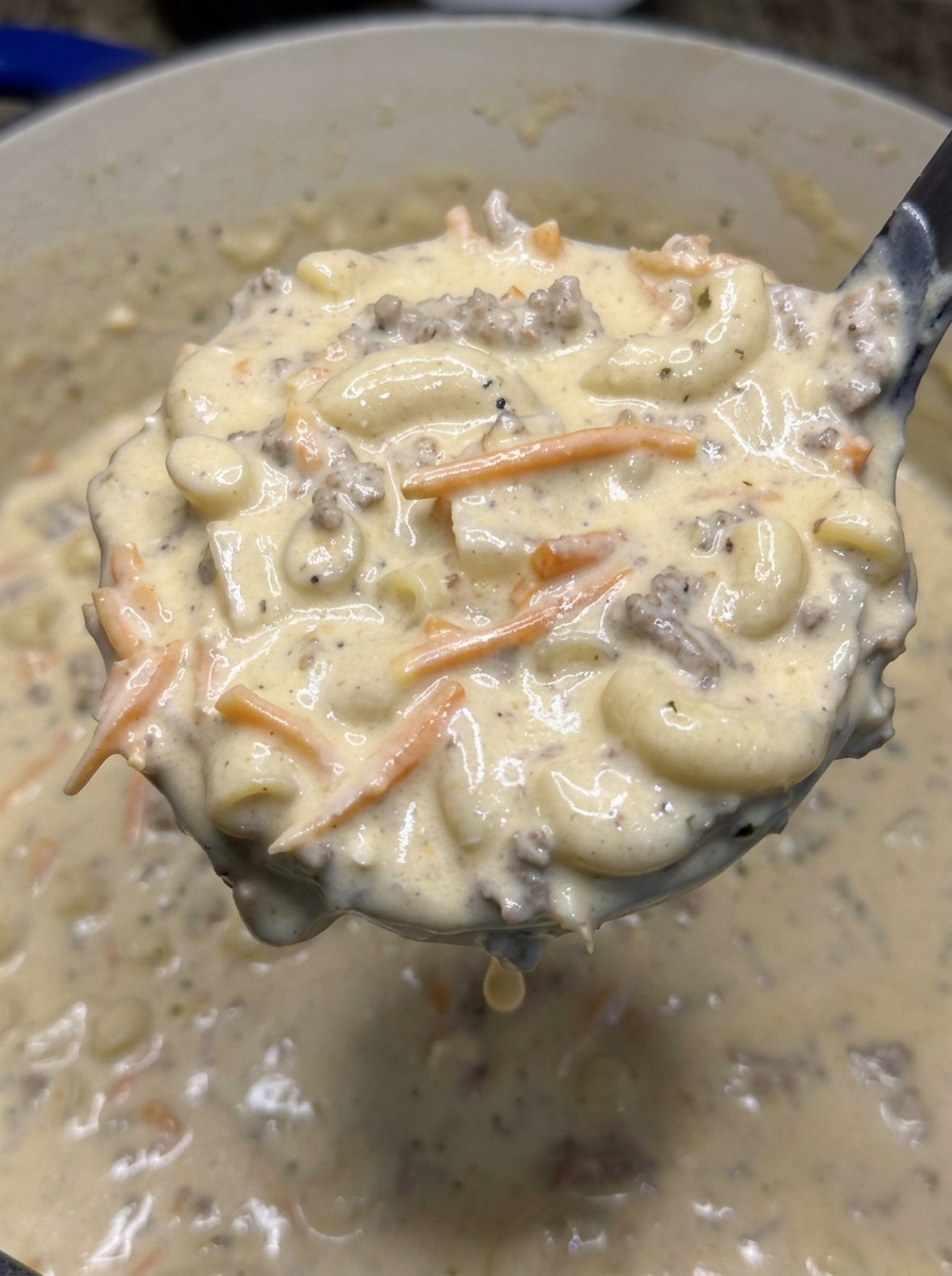 A spoonful of cheeseburger macaroni soup.
